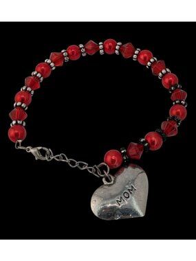 Mother's Day Love Red Beaded Bracelet With Heart Mom Charm